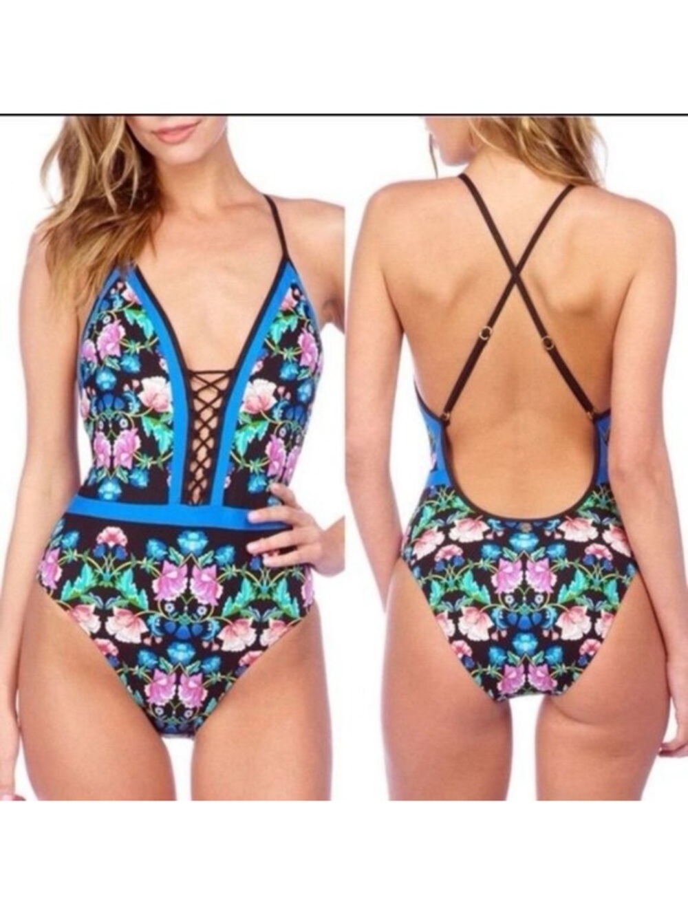 Nanette Lepore Damask Floral Print Goddess 1 Piece Mio Swimsuit Size Large